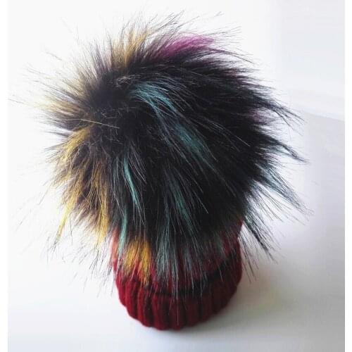 KNB040A Kids Winter Hat Knitted Beanies 15cm Faux Fur Pom pom Skullies Caps Boy Girls Baby Bonnet Gorras With Fur Ball Hairball