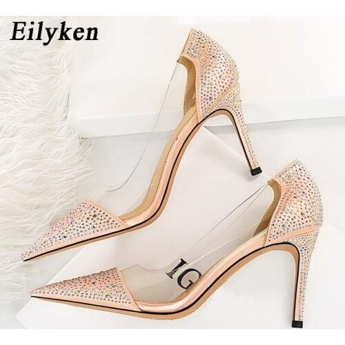 Eilyken Women Pumps Fashion Crystal Rhinestone Stiletto Heels Sexy Pointed Toe Shallow Slip-On Woman Wedding Party Shoes