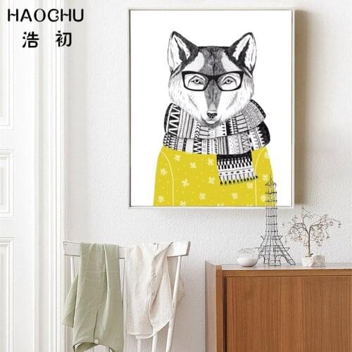 HAOCHU Modern Fashion Gentleman Fox Animals Portrait Wall Poster Canvas Painting Hippie Picture Childrens Baby Room Mural Decor