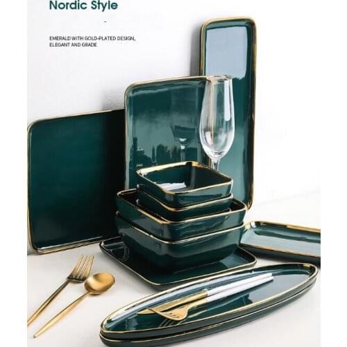 Nordic Phnom Penh Ceramic Tableware Black Green Square Bowl Steak Dessert Plate Salad Bowl Hotel Placement Tray