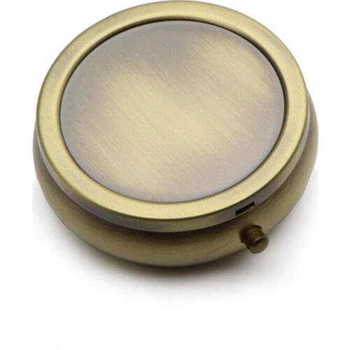 Metal Pill Box Case Round Medince or Sugar Organize Holder One Compartment Bronze Color PY01C