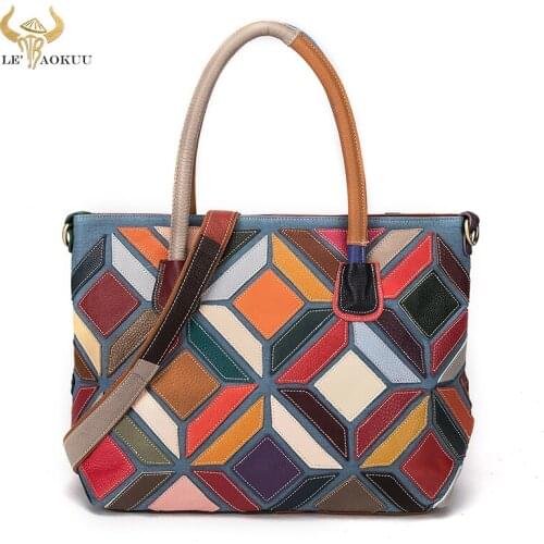 Fashion Multi-Colorful Real Leather Luxury Ladies Patchwork Large Purse Handbag Over The Shoulder bag Women Design Tote bag 951