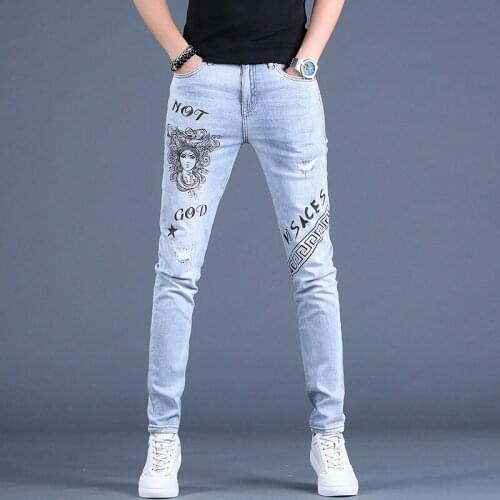 New 2020 Printed ripped Denim Skinny jeans mens brand spring autumn European small feet casual teenagers stretch Denim pants