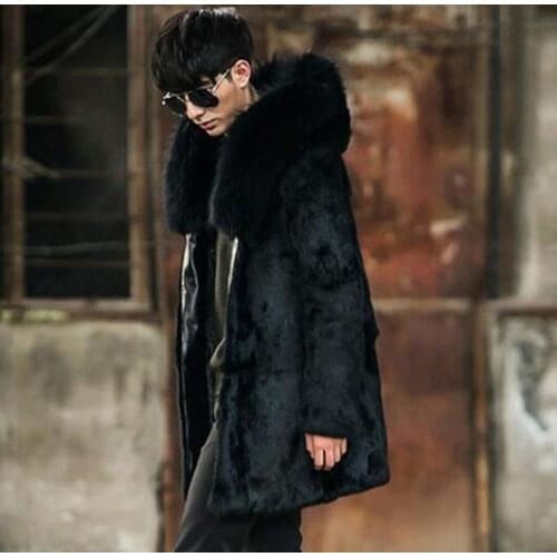 Autumn faux mink leather jacket mens Hooded coats winter thicken warm fur leather coat men loose jackets jaqueta de couro black