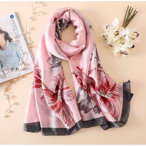 Women Silk Scarves Big Floral Print Natural Silk Scarf Female Summer Beach Shawl Wrap Luxury Brand Soft Foulard Hijab Plus Size