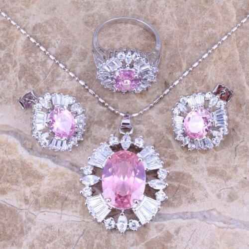 Pink & White CZ Silver Plated Jewelry Sets Earrings Pendant Ring Size 5.5 - 8 S0027