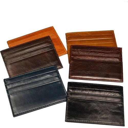 Vintage Cow Leather Business Card Holder 7 pockets Mens Smooth Glossy Wax Oil Vintage Flat Wide id card Wallet Case