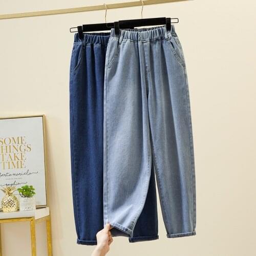 Plus Size Women Jeans Elastic Waist Loose Pants Ninth Pants Casual Solid Baggy Mom Pants Spring Summer Trousers