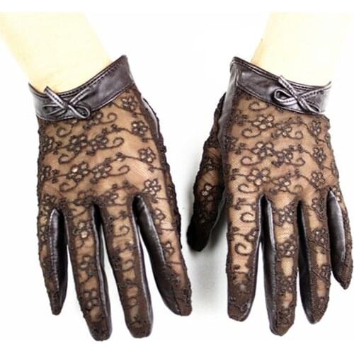 Touchscreen Womens Sheepskin Gloves Fashion Lace Thin Unlined Spring and Summer Ladies Leather Driver Gloves Free Shipping