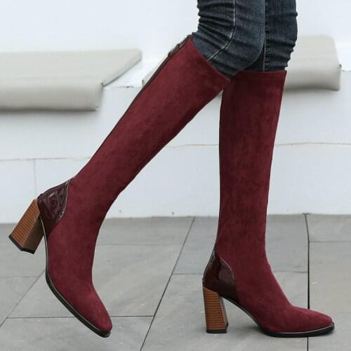 2021 New Fashion Women Knee High Boots Faux Suede Square Toe Long Boots Ladies Thick High Heel Zipper Autumn Winter Shoes Woman