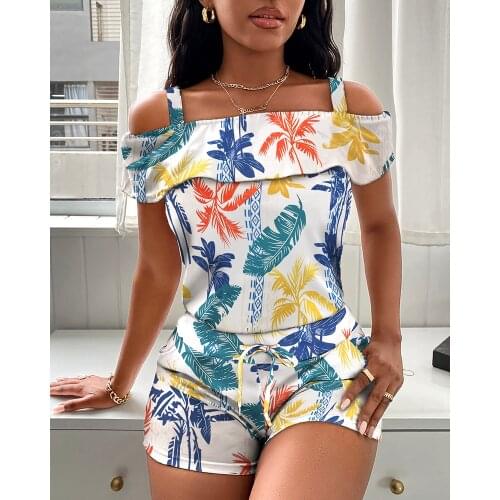2021 Summer Casual Cold Shoulder Floral Print Short Sleeve Top Daily Wear High Waist Bodycon Drawstring Two Piece Set Women
