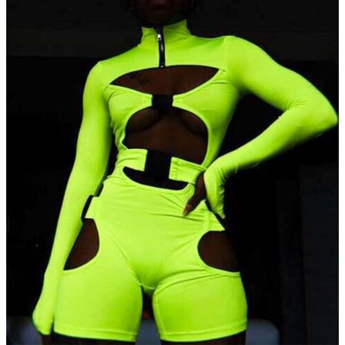 Neon Bodysuit and Playsuit Sexy Hollow Out Buckle Biker Playsuit 2021 Spring Long Sleeve Turtleneck Jumpsuit Women Tracksuit