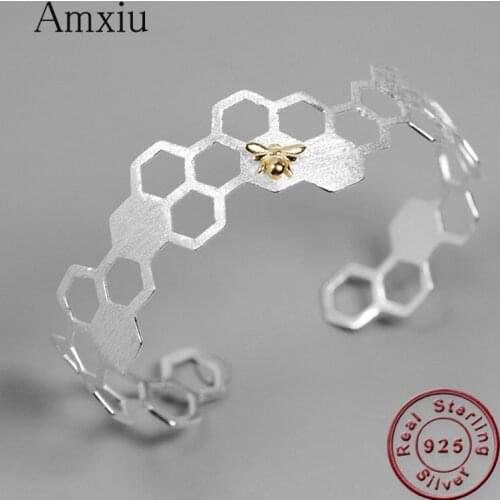 Amxiu Hot Honeycomb Bee Bangles Adjustable Open Bangle Two Tones 925 Silver Jewelry For Women Girls Wedding Bijoux Accessories