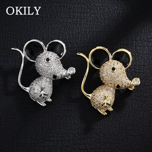 Okily Gold Silver Color Zircon Mouse Rat Brooches Women Copper Enamel Animal Casual Party Brooch Pins New Year Gifts