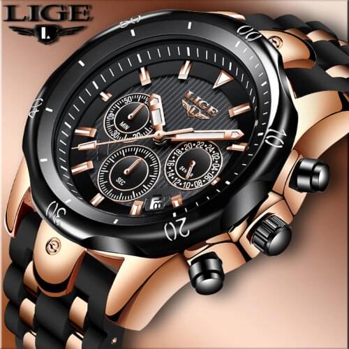 LIGE New Mens Watches Top Brand Luxury Mens Military Sports Watch Men Silicone Waterproof Clock Analog Quartz Wristwatch+Box