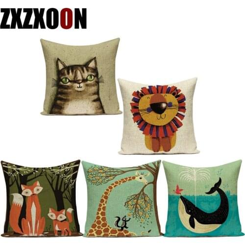 Decorative Throw Pillows Case Polyester Cute Cartoon Lovely Animals Cat Lion Elephant Dog Sofa Cushion Cover for Living Room