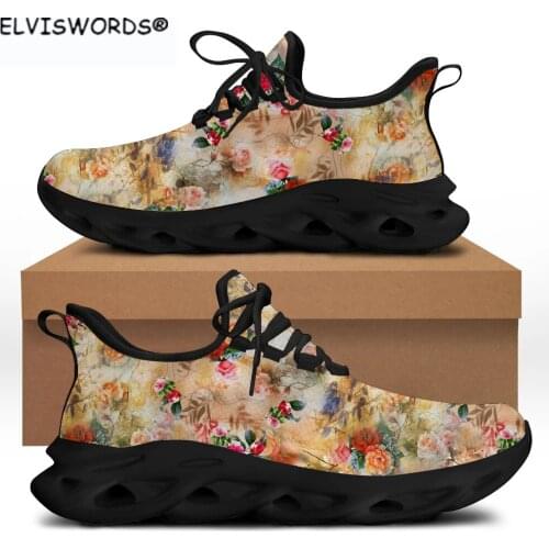 ELVISWORDS Colorful Vintage Flowers Prints Casual Ladies Felx Control Sneakers Female Comfortable Walking Shoes zapatos de mujer