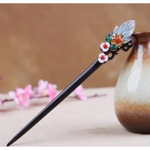 Ethnic Hand-carved Ebony Hairstick Vintage Chinese Hairpin Wooden Hair Fork Women Shell Flower Leaf Hair Accessories Hair Pin