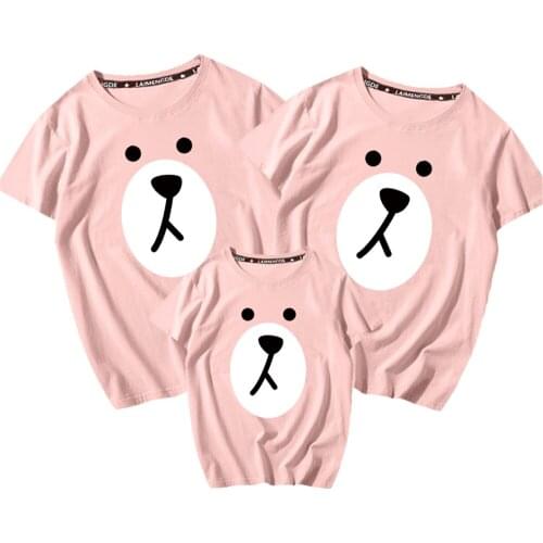 Family T Shirt Summer Parent-child Bear Pink Print T-shirt Cotton 100% Vacation Casual Baby Tops Streetwear Funny Sweet Girls