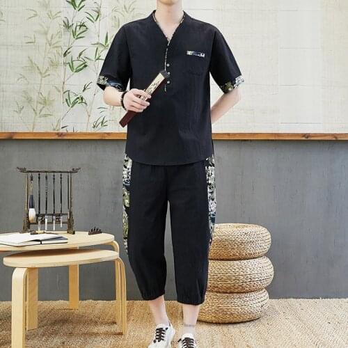 Traditional Chinese Clothing Set For Men Adult Summer 2-Piece Sets Linen Short Sleeve Cotton Loose Sets Chinese Costumes 30097