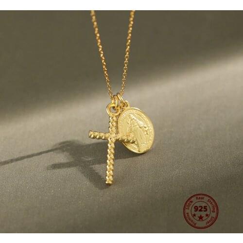 Korean Version Of 100% 925 Sterling Silver Necklace Gold-plated Cross And Coin Round Tag Simple INS Style Female Jewelry