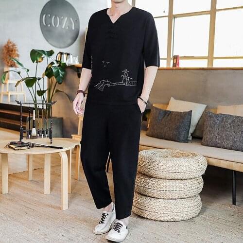 Summer Traditional Chinese Style Linen Tang Suit Men Hanfu Casual Ethnic Print Short Sleeve T-shirt Men Tang Suit Kungfu Clothes
