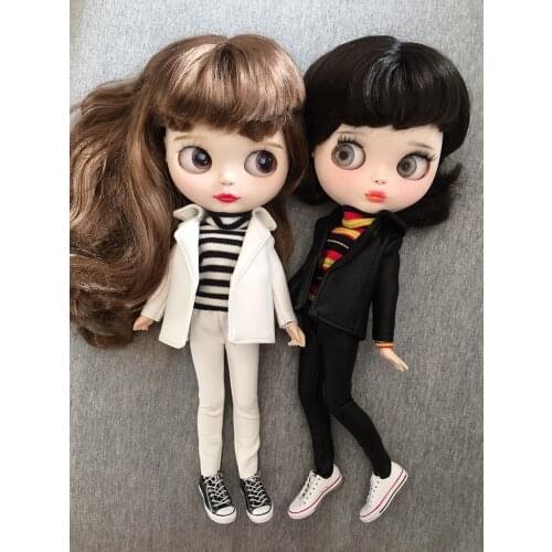 New Fashion White Black Leather Coat High collar Stripe Shirt Tight Leather Pants for blyth azone s ob24 1/6 dolls accessories