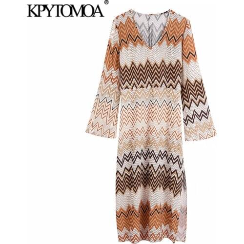 KPYTOMOA Women 2021 Fashion Geometric Print Side Slit Midi Dress Vintage V Neck Long Sleeve Female Dresses Vestidos Mujer