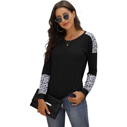 Leopard Print Patchwork O Neck Long Sleeve T Shirt Women Personality Fashion Casual Loose Streetwear Tops Female Tee Shirts