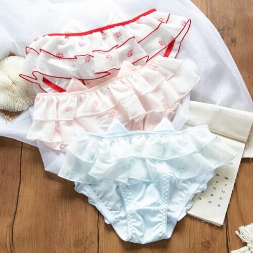 Sweet Ruffles Trim Women Panties Cotton Underwear Cute Briefs Cat Ears Trim Cute Girls Intimates 3 Colors