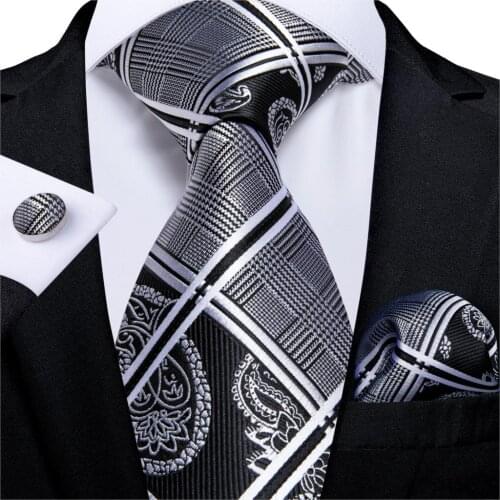 Fashion Black Silver Plaid Floral Paisley 100% Silk Men Ties 8cm Business Wedding Necktie Pocket Square Mens Gift Cravat DiBanGu