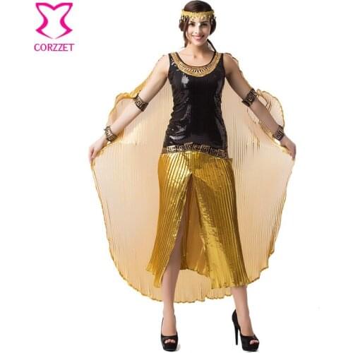 Gold Ruched and Black Sequins Cleopatra Fancy Dress with Cape Cosplay Sexy Egyptian Costume Halloween Costumes For Women Adult