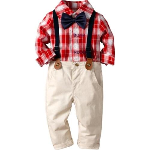 New Boy Cotton Full Sleeve Shirt Pant 2pcs/Set Baby Boys Red Plaid Shirt Belt trousers 2pcs Suit Infant Boy Clothes 9m 1t 2t