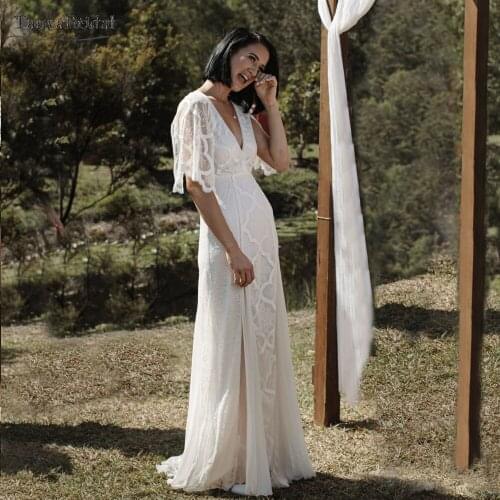 Unique Lace Wedding Dresses Flower Sleeve V-Neck Sexy Backless Bridal Gowns Bohemian Charming Vestido De Noivas DW411