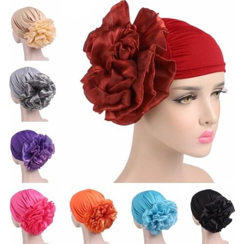 Muslim Women Hijab Turban Big Flower Beanie Bonnet Head Scarf Wrap Chemo Cap Cancer Hat Islamic Headwear Hair Loss Cover Arabic