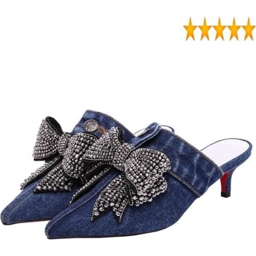 Street Women Summer Pointed Shoes Toe Fashion Rhinestones Bow Denim High Heel Female Blue Party Stiletto Sandals