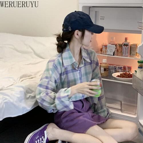 WERUERUYU Fashion Japan Style Loose Womens Shirt Korean Edition Loose Spring Womens New Vintage Plaid Shirt Female Student