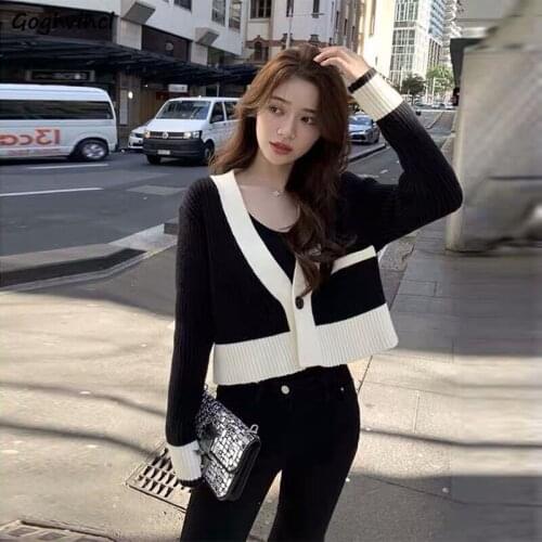 Women Cardigans Short Patchwork Sweaters Single Button V-neck Fashion Elegant Slim All-match Ulzzang Knitted Coats Temperament