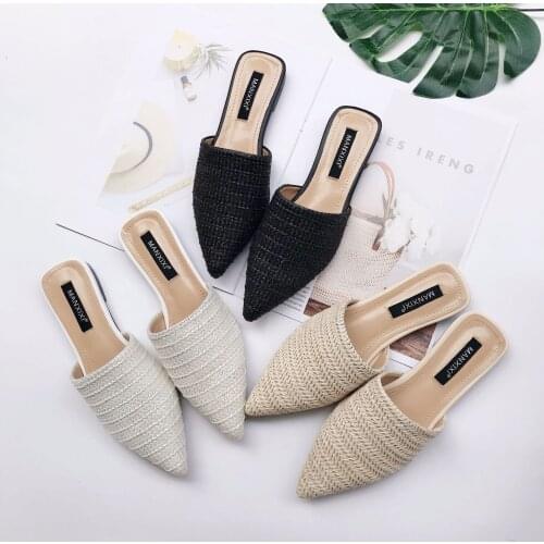 Womens linen flat slippers, low toe breathable casual flip flops