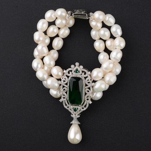 Womens 8" White Rice Pearl Bracelet CZ Connector