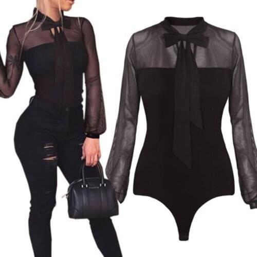 Women Black Solid Slim Casual Bodysuit Female 2019 Autumn Long Sleeve Lace Elegant Romper Streetwear Bodycon Playsuit Top