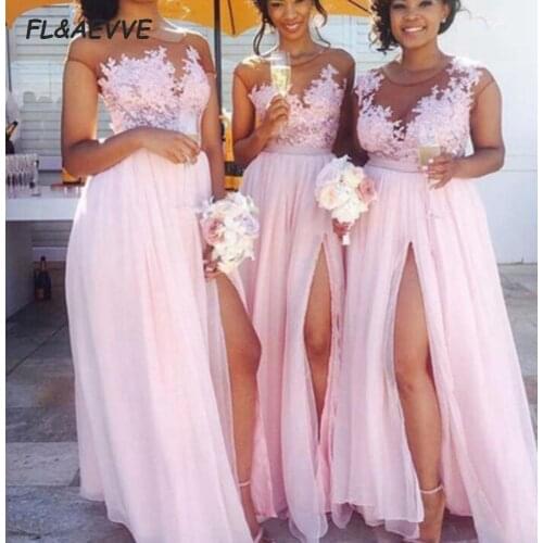 In Stock Light Pink Bridesmaid Dresses Front Split A Line Long Cheap Bridesmaid Dress Sleeveless for Wedding Party