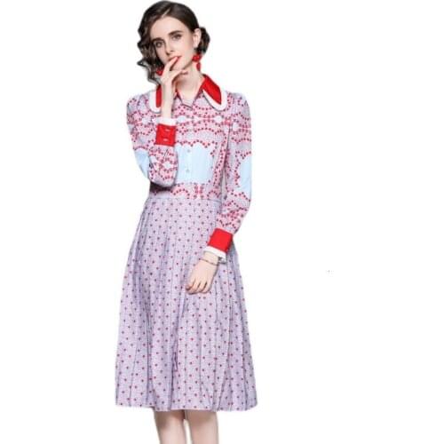 Womens Runway Autumn Polka Dots Printed Heart Dress Shirt Single Breasted Red Peter Pan Collar Long Sleeve Midi Dresses Female