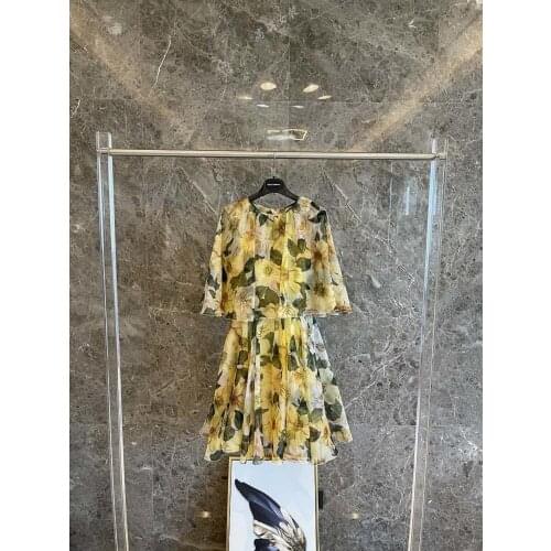 Women 2021 New Summer Dress Silk Yellow Print Letter Floral O-Neck Gorgeous Sicily High Quality Runway Famous-Brand