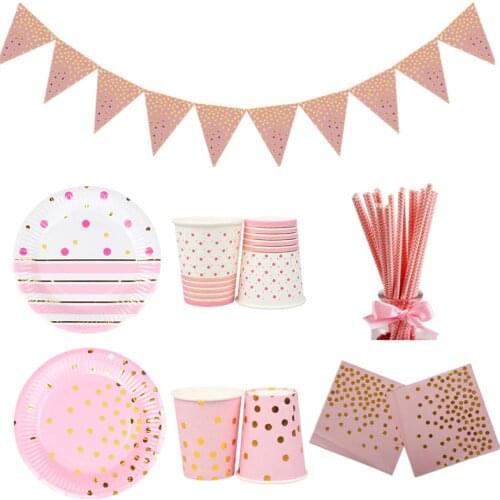 Gold Foil Pink Disposable Tableware Christmas New Year Party Paper Plates Cups Napkin Banner Birthday Supplies Plastic Straws