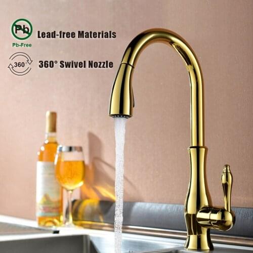 Golden Sink Faucet Commercial One-Handle Deck-Mounted Kitchen Faucet Brass Lead-Free Kitchen Faucet With Pull-Down