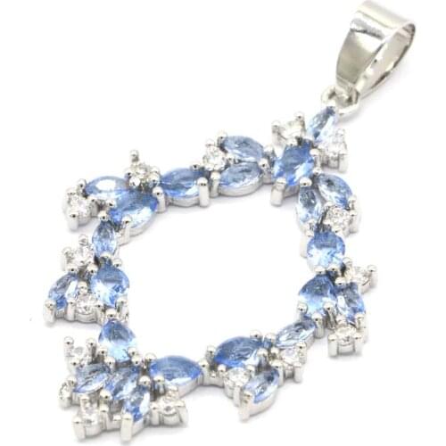 48x28mm New Statement Created Paris Blue Topaz Violet Tanzanite White CZ Bride Wedding Silver Pendant