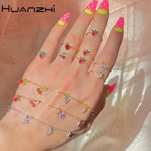 HUANZHI 2020 New Cute Cherry Grape Peach Fruit Colorful Zircon Pendant Gold Plated Bracelet for Women Girls Party Jewelry