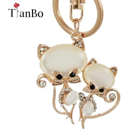 Cute lovely couple cat animal Pendant keychain Fashion Rhinestone Crystal Creative ladies dress handbag wallet Jewelry