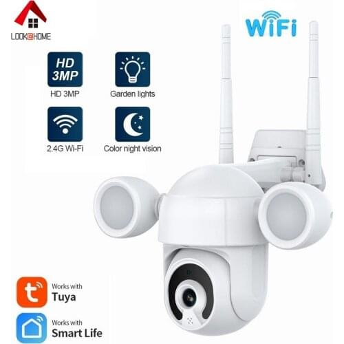 Outdoor TUYA WiFi Camera 3MP PTZ Camera with Two Floodlight Security Camera Video CCTV Surveillance For Tuya Smart Life APP